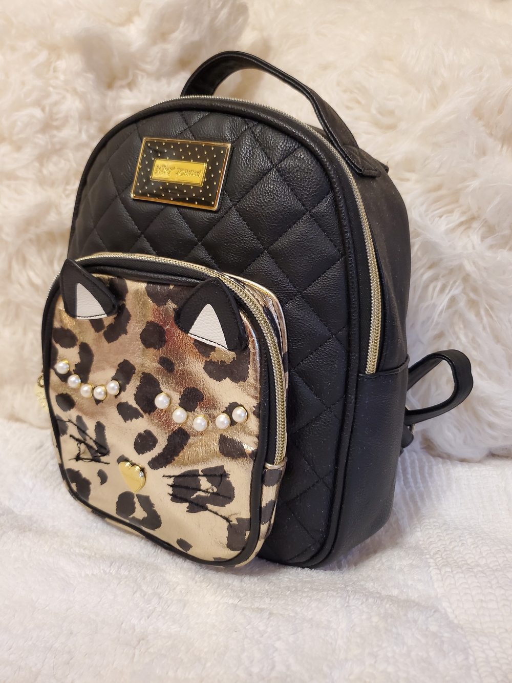 Betsey Johnson Black Quilted Mini Backpack with Leopard Cat Front Pocket